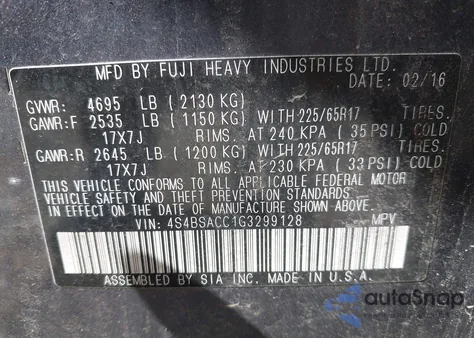 2016 Subaru Outback 2.5I Premium from USA, damaged, VIN 4S4BSACC1G3299128